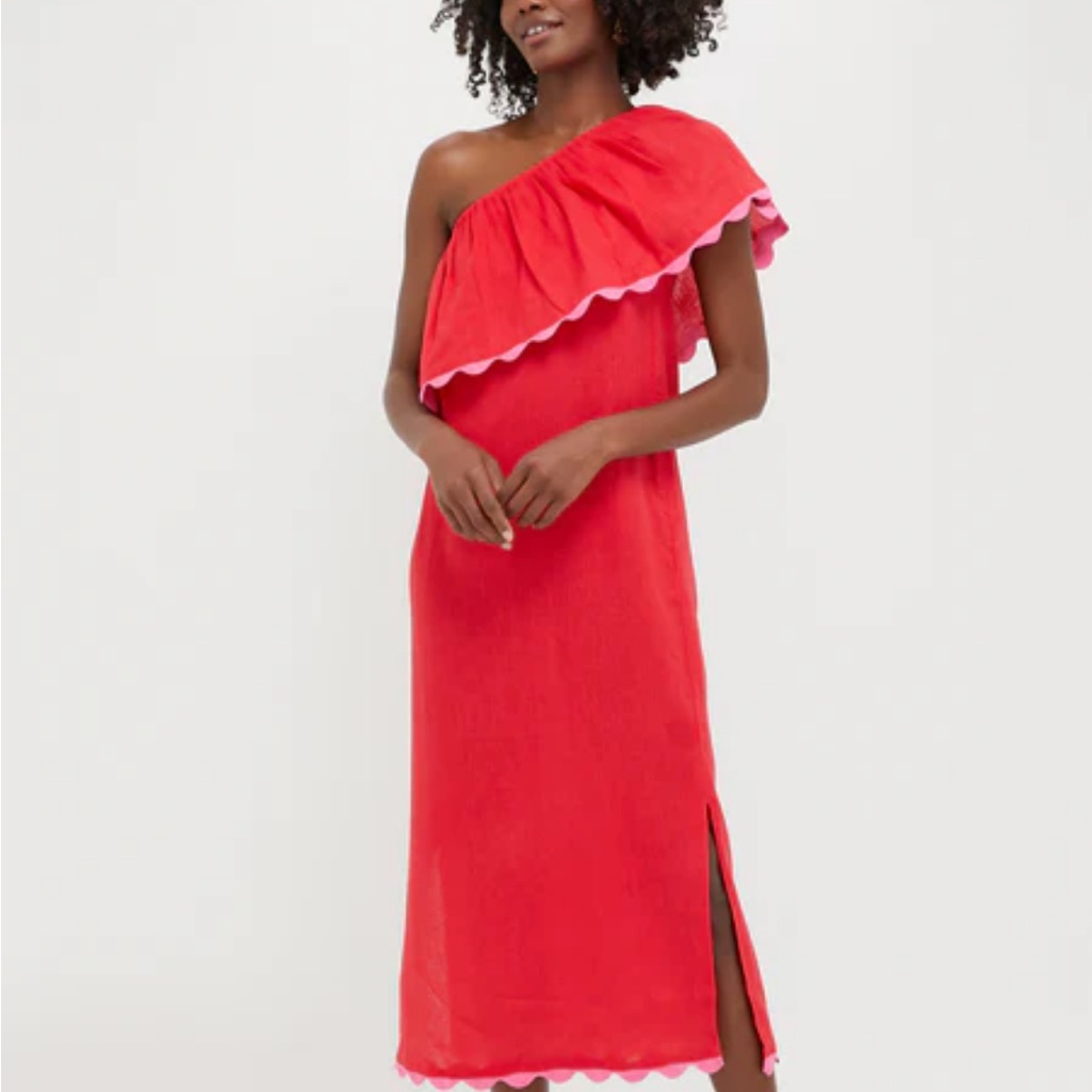 Tuckernuck Red One-Shoulder Dress With Pink Trim